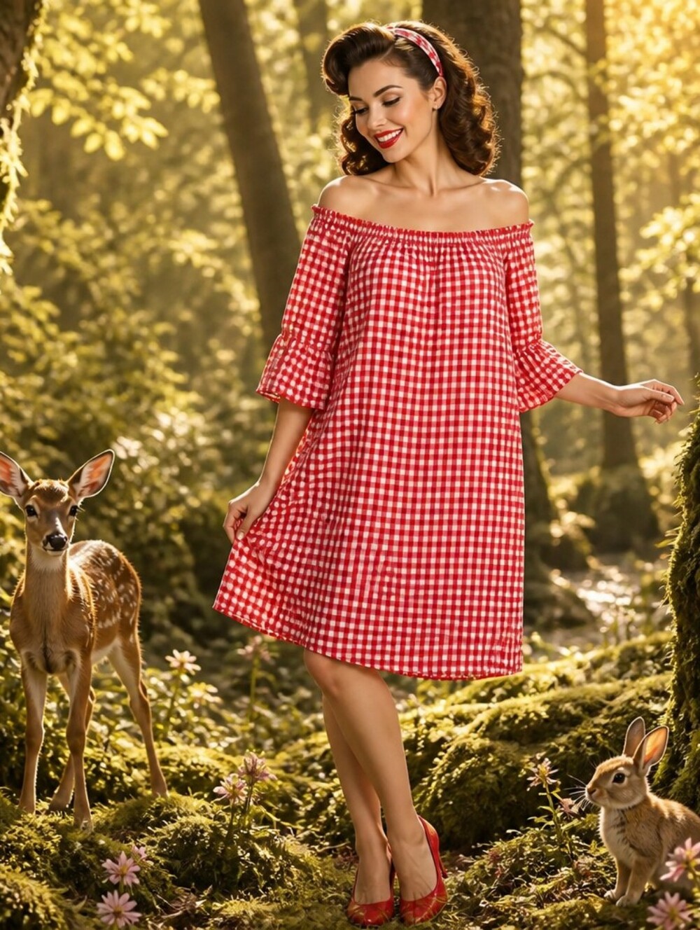 City Streets Red and White Gingham Elastic-Neck Top